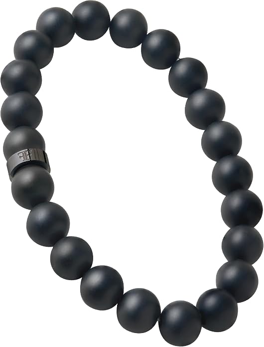Forge & Foundry Men’s Matte Black Solid Onyx Beaded Bracelet | 10mm, 8mm, 6mm Bead Size Options | Signature Stainless Steel Engraved Bead | Andalus