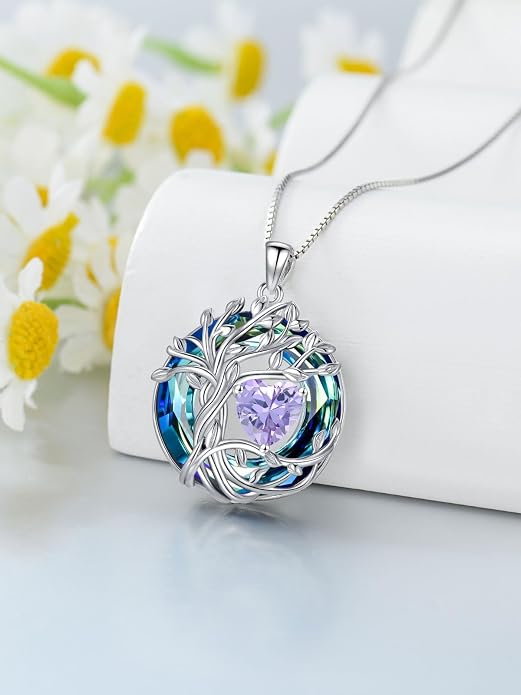 TOUPOP Tree of Life Birthstone Necklace Sterling Silver Pendant Birthstone Necklaces with Blue Crystal Anniversary Birthday Jewelry for Women Mom Wife Her
