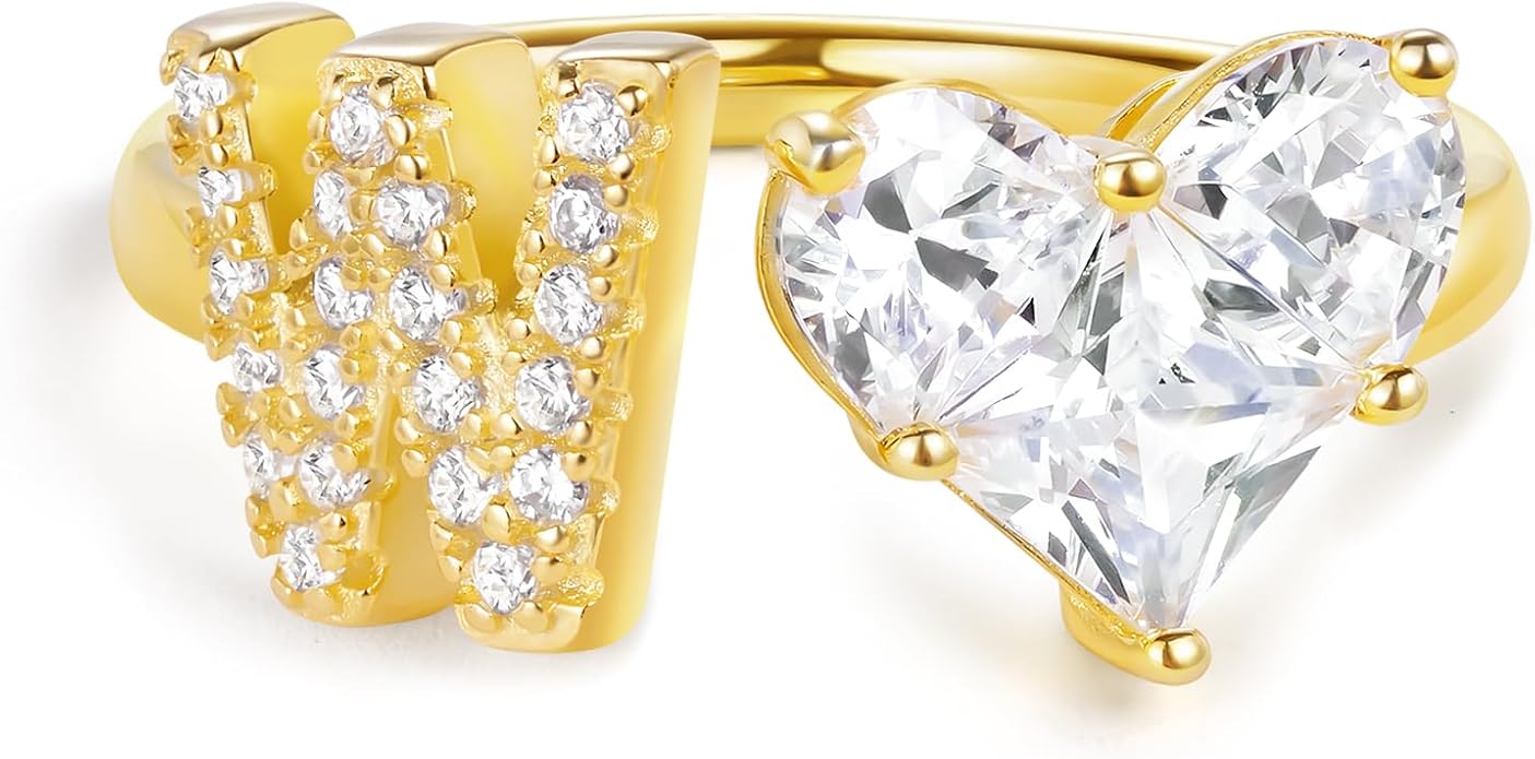 KissYan Sterling Silver Initial Heart Ring for Women, S925 Letter Rings 14K Gold Plated Open Adjustable Dainty Pave CZ Personalized Fashion Trendy Gifts for Mother's Day