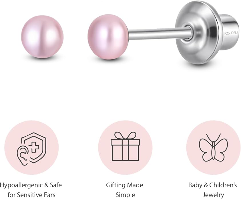 Pearl Screw Back Stud Earrings for Baby, Toddler, Girls | Hypoallergenic 925 Sterling Silver Screwback Safety Earrings | Simulated Pearl Studs for Sensitive Ears | Keepsake Gift for Birthdays Holidays Special Occasions