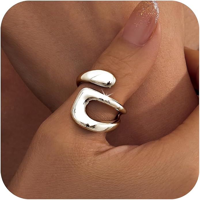 Gelbesty Waterproof Gold Statement Rings for Women, 14K Gold Plated Chunky Open Stackable Rings Non Tarnish Fashion Adjustable Stainless Steel Pinky Knuckle Signet Vintage Ring Jewelry Size 5-11