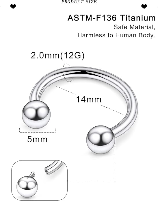20G 18G 16G 14G 12G 8G 6G 4G 2G ASTM F136 Titanium Internal Thread Horseshoe Septum Ring Jewelry Circular Barbell Helix Snug Tragus Rook Daith Cartilage Earring Lip Ring Piercing Jewelry
