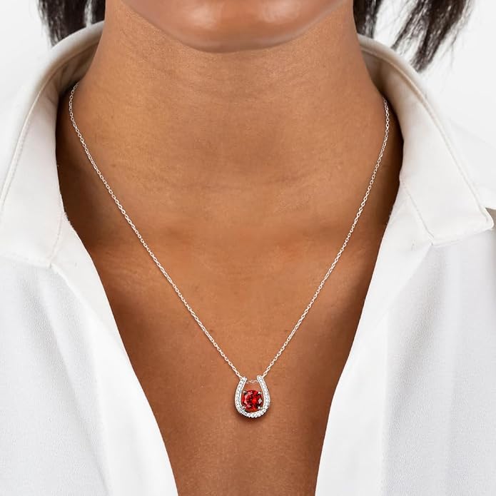 925 Sterling Silver Horseshoe Necklace for Women Round Gemstone Birthstone Necklace Sapphire/Emerald/Ruby/CZ Horse Shoe Pendant Necklaces Jewelry Gift