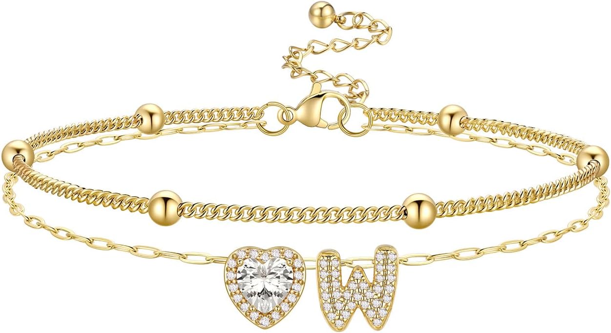 Bestyle Initial Anklet Bracelets for Women Waterproof Non Tarnish 14K Gold/White Gold Plated CZ Anklets for Women Dainty Layered Letter Heart Ankle Bracelets Adjustable Foot Chain Anklet
