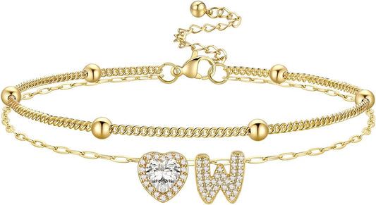 Bestyle Initial Anklet Bracelets for Women Waterproof Non Tarnish 14K Gold/White Gold Plated CZ Anklets for Women Dainty Layered Letter Heart Ankle Bracelets Adjustable Foot Chain Anklet