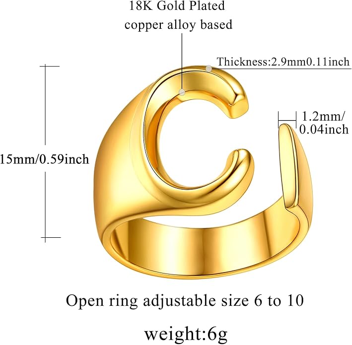 FindChic Customizable Initial Ring Statement 18K Gold Plated Fashion Cuff Rings for Women Alphabet Letter A to Z Resizable Knuckle Ring (with Gift Box)