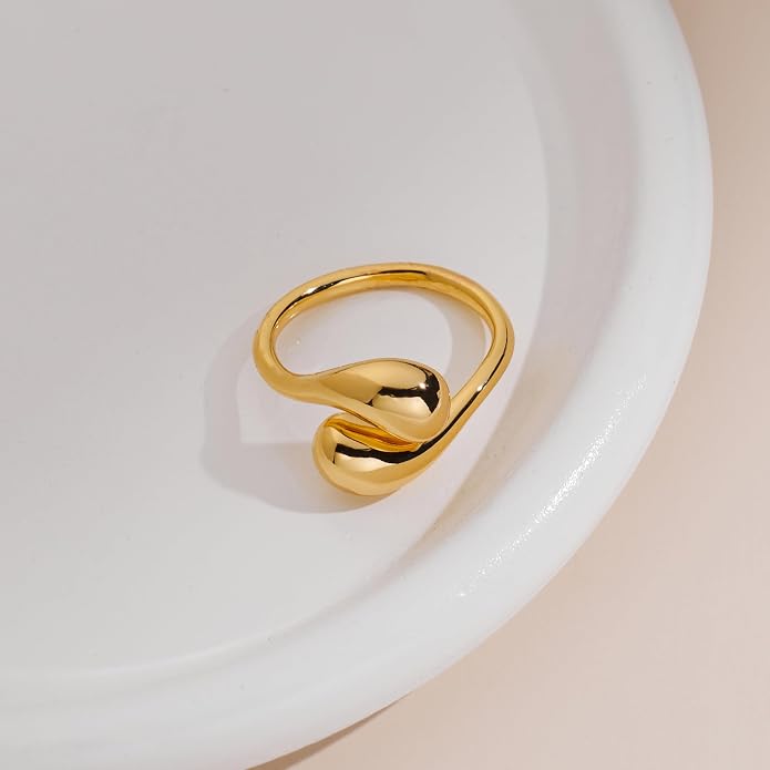 WOWORAMA Chunky Teardrop Rings for Women Silver Gold Bypass Dome Rings Thick Statement Open Adjustable Rings Simple Waterdrop Stackable Band Rings