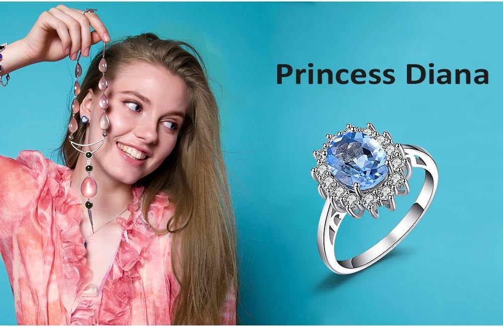 JewelryPalace Princess Diana Kate Middleton Class Gemstone Birthstone Sapphire Halo Engagement Rings for Women, Anniversary 14K White Yellow Rose Gold Plated 925 Sterling Silver Promise Rings for Her