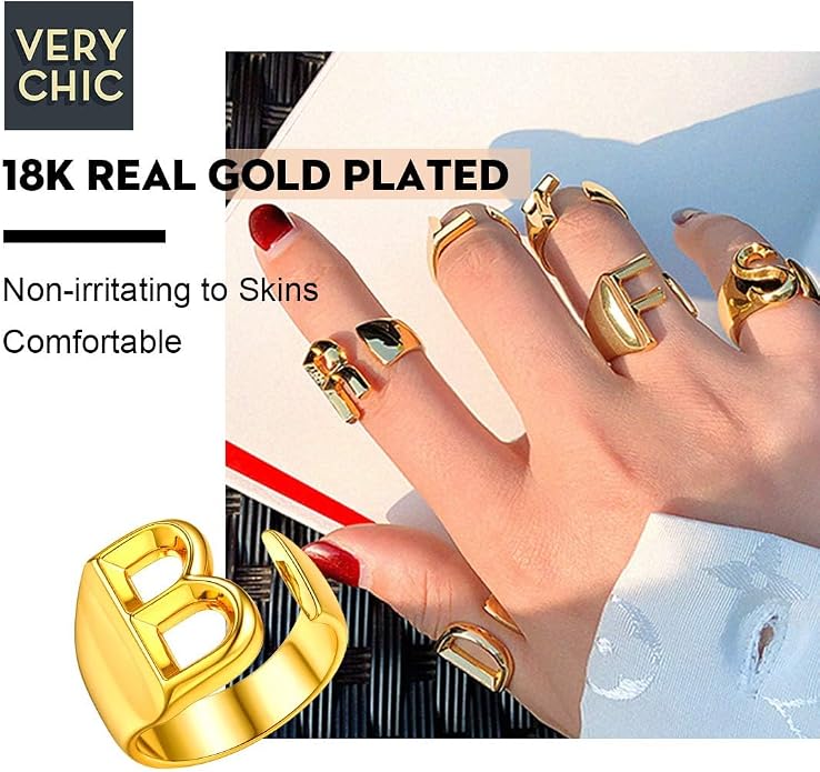 FindChic Customizable Initial Ring Statement 18K Gold Plated Fashion Cuff Rings for Women Alphabet Letter A to Z Resizable Knuckle Ring (with Gift Box)