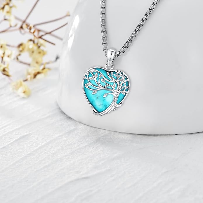 Tree of Life Necklace for Women Sterling Silver Celtic Moon Tree Moonstone Turquoise Pendant Heart Family Tree Necklace for Mother Daughter Sister Gifts