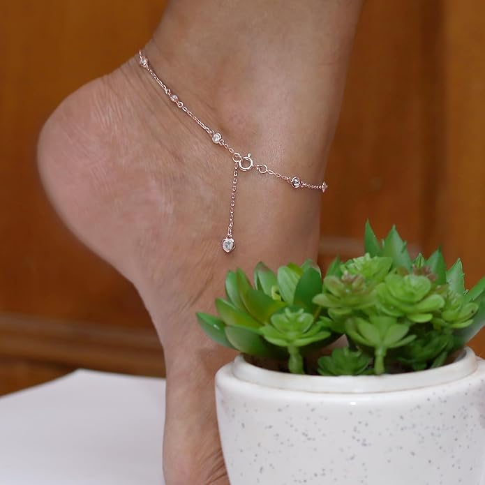 Station Anklet Bracelet For Women 3MM Round Lab Created Moissanite Bezel Set Single Piece Dainty Link Chain Anklet in 14K Gold Plated 925 Sterling Silver 8" to 10" Fine Jewelry
