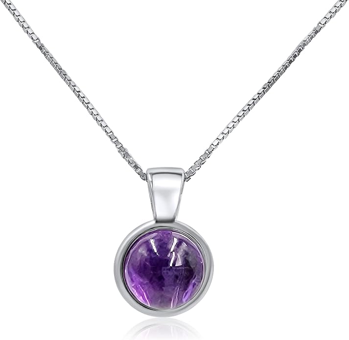 Natural gemstone 8mm round pendant with white gold over 925 sterling silver bezel cabochon plate and box chain, real genuine dainty birthstone gift for her, uniquelan jewelry