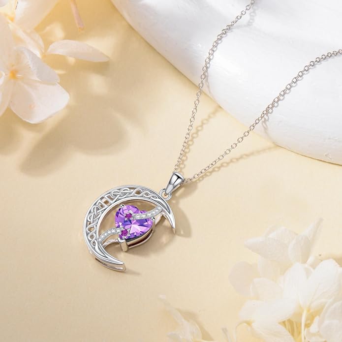 TOUPOP Moon and Star Birthstone Necklace for Women 925 Sterling Silver Celtic Moon Jewelry Birthday Mothers Day Gifts for Mom Wife Her