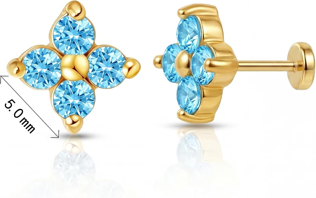 FANSING Short Threadless Cartilage Earring Stackable CZ Birthstone Flat Back Earrings for Women Small Stud Earrings for Tragus Helix Earlobe 18K Gold Plated ‌Rainbow 5.0mm
