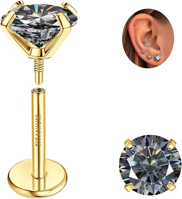 GEMQUEEN Moissanite Earrings G23 Titanium Extended Internal Thread Flat Back Earrings Hypoallergenic Tragus Cartilage Helix Conch Piercing Jewelry for Women Men 18G 6/8mm Post Gray/D Color 0.2-3CT