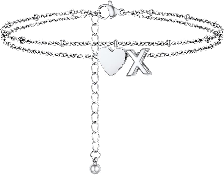 Initial Ankle Bracelets for Women, Dainty Stainless Steel Letter A-Z Layered Anklets, Heart Ankle Bracelet 8.5"-10.5" Adjustable, Summer Beach Jewelry, Come with Box