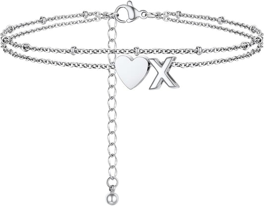 Initial Ankle Bracelets for Women, Dainty Stainless Steel Letter A-Z Layered Anklets, Heart Ankle Bracelet 8.5"-10.5" Adjustable, Summer Beach Jewelry, Come with Box