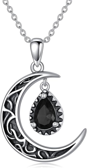VONALA Crescent Moon Necklace Sterling Silver Emerald/Red/Purple/Black/Rainbow Topaz/Green/Aquamarine/Blue/Moss Agate Celtic Moon Teardrop Necklace Celtic Jewelry Gifts for Women Birthday