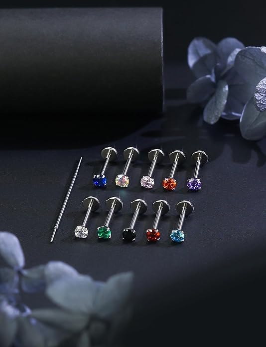 20G 18G 16G Astm F136 Titanium Threadless Flat Back Earrings Nose Studs Tragus Helix Conch Cartilage Lobe Earrings Medusa Labret Snake Bite Monroe Lip Ring Piercing Jewelry For Women Men