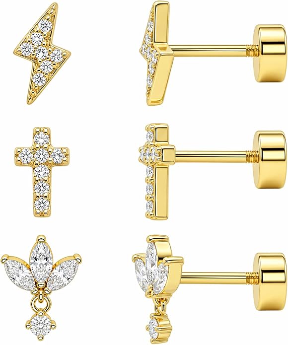 3 Pairs 20G Flat Back Earrings, G23 Titanium Hypoallergenic CZ Studs, 14K Gold Cartilage Helix Tragus Conch Piercing Jewelry for Women
