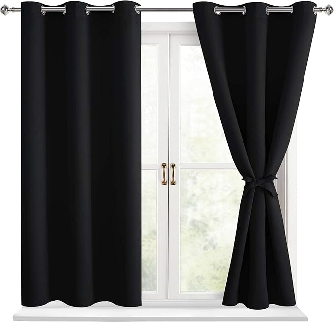Hiasan Short Blackout Curtains for Bedroom - Light Blocking & Noise Reducing Window Curtains for Living Room, 2 Drape Panels Sewn with Tiebacks, Black, 38 x 45 Inch