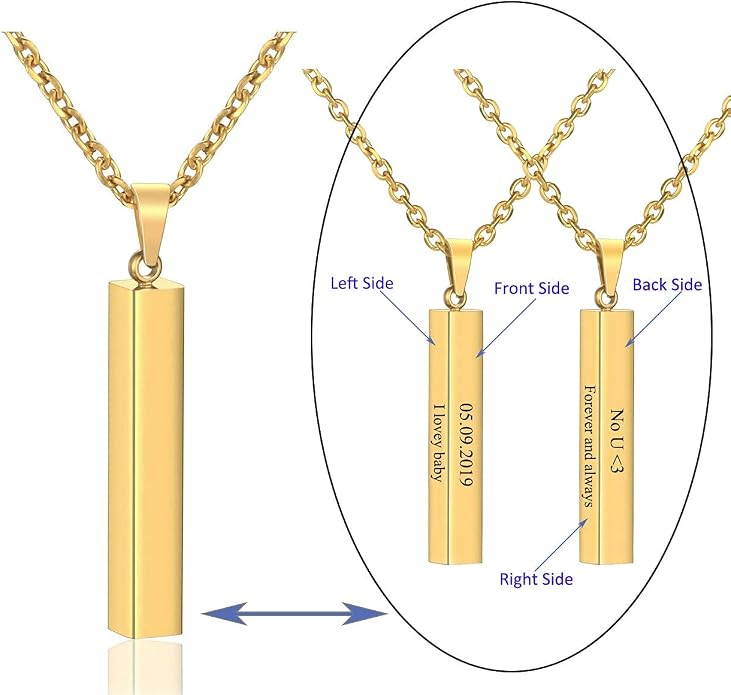 Zysta Engraving 3D Bar Name Necklace Personalized Text Message Cool Simple Design Women Customized Dangle Vertical Cuboid Stick Pendant Necklaces Stainless Steel Birthday Gift