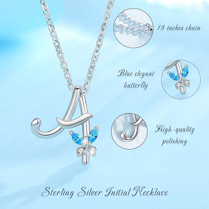 EUDORA Sterling Silver Butterfly Initial Necklaces for Women, Elegant Letter Neckles Personalized Gift for Mother, Sister, Daughter, 18 inch Chai