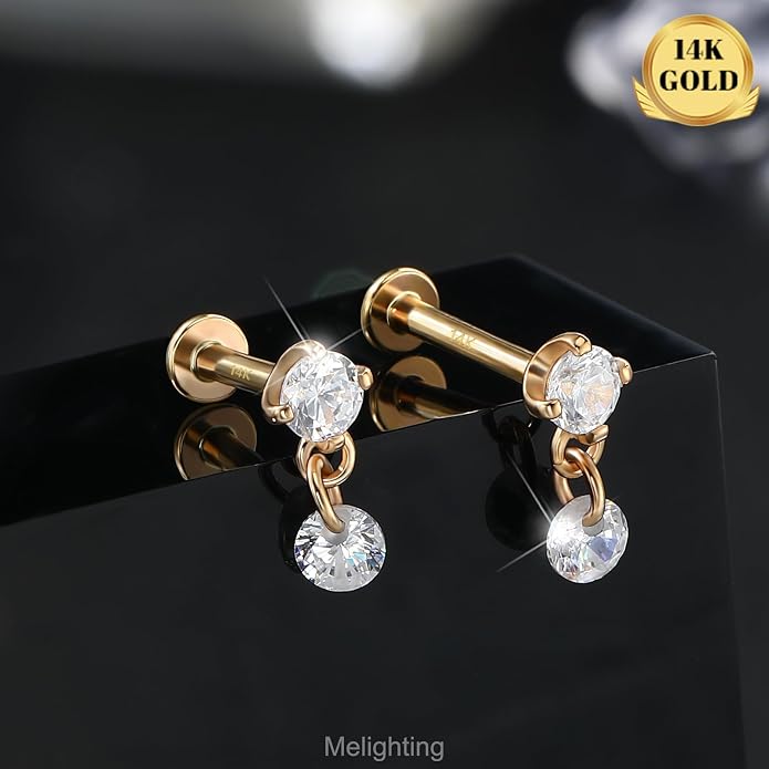 MeIighting 14K Solid Gold Helix Earring Clear CZ, Dangle Internal Thread Flat Back Earring, Teardrop Heart Round Cartilage Tragus Conch Piercing Jewelry for Women 6/8 mm