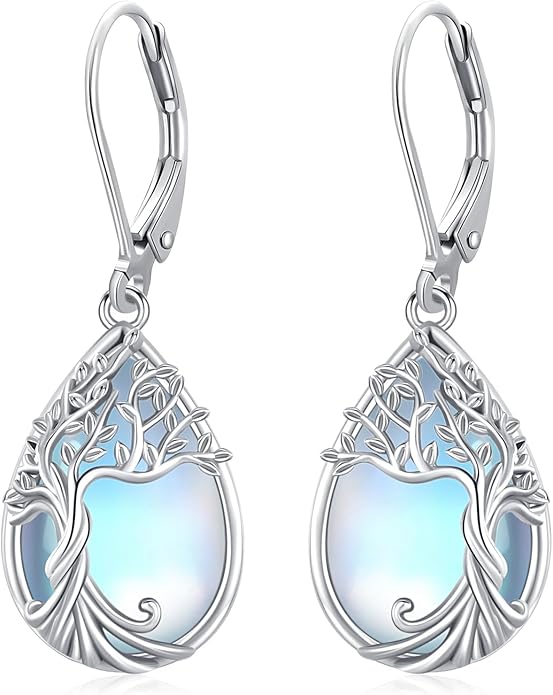 Odinstone 925 Sterling Silver Earrings Tree of Life Teardrop Moonstone Dangle Drop Leverback Earrings for Women