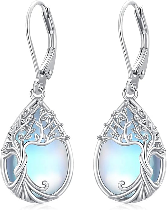 Odinstone 925 Sterling Silver Earrings Tree of Life Teardrop Moonstone Dangle Drop Leverback Earrings for Women
