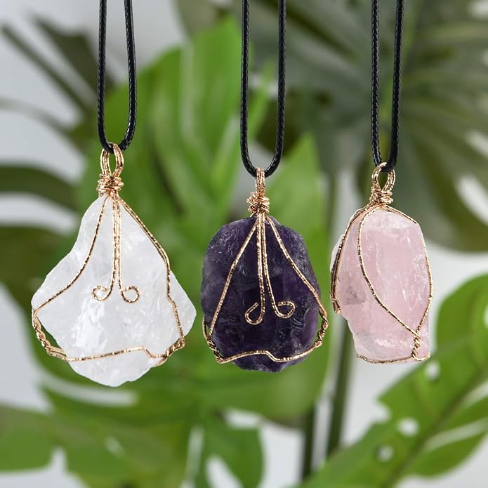YGLINE Natural Raw Stone Healing Crystal Necklace Wire Wrapped Pendant for Womens Ladies