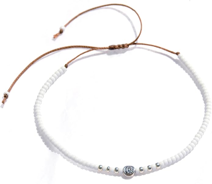 Beaded Anklet for Women, Boho Native American Style, Unique White & Silver Hippie Beach Waterproof Anklet, Handmade by Tribes