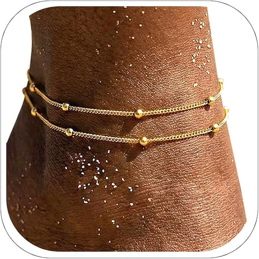 FOCALOOK 14K Gold Plated Anklets for Women Waterproof Plus Size Ankle Bracelet 8.5-10.5 Inch Adjustable Mariner/Figaro/Flat Snake/Cuban Link Chain Anklet Jewelry for Summer Beach Holiday
