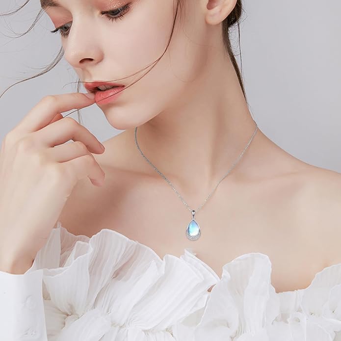 YAFEINI 925 Sterling Silver Moonstone Necklace Filigree Teardrop Pendant Necklace Jewelry for Women Girls