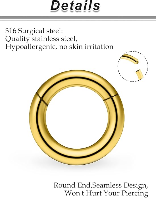 20G-2G Surgical Steel Hinged Clicker Septum Nose Rings Gauges Earrings Seamless Hoops Eyebrow Lip Ring Cliker Helix Tragus Daith Rook Earrings for Women Men