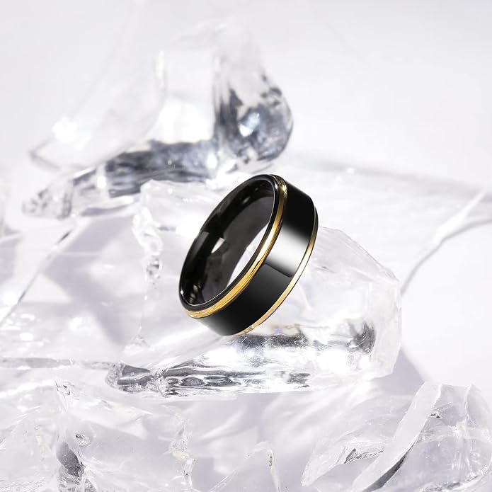 King Will 8mm Black Silver Mens Polished Tungsten Wedding Rings High Polish Surface Wedding Band Blue Silver Step Edge Comfort Fit