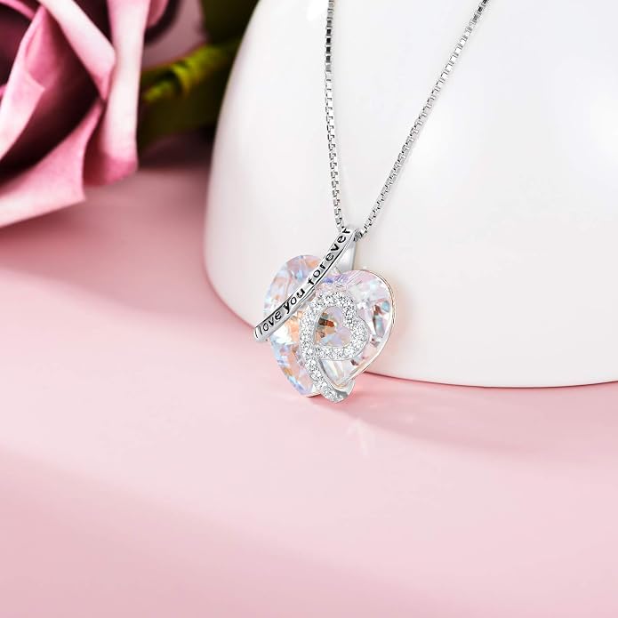AOBOCO I Love You Forever Necklace 925 Sterling Silver with Crystals from Austria Anniversary Birthday Gifts for Women Mothers Day Gift