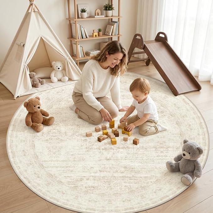 Round Area Rug for Living Room: 6ft Vintage Boho Neutral Washable Circle Rug Soft Large Circular Carpet for Bedroom Nursery Farmhouse Dining Room Office Floor Non-Slip Low Pile Under Table Retro Beige