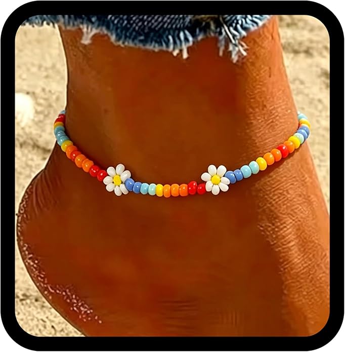 Ursumy Boho Ankle Bracelets for Women Summer Beaded Anklets Chain Beachy Flower Foot Jewelry