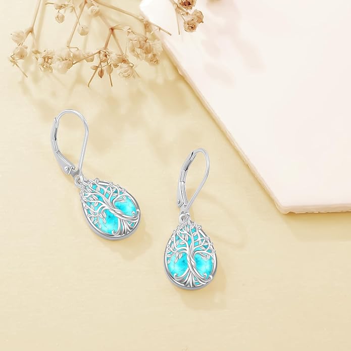 Odinstone 925 Sterling Silver Earrings Tree of Life Teardrop Moonstone Dangle Drop Leverback Earrings for Women