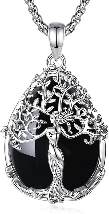 AEONSLOVE Tree of Life Necklace with Crystal for Women, Amethyst/Obsidian/Turquoise/Moonstone/Malachite Crystal Pendant Necklaces for Ladies