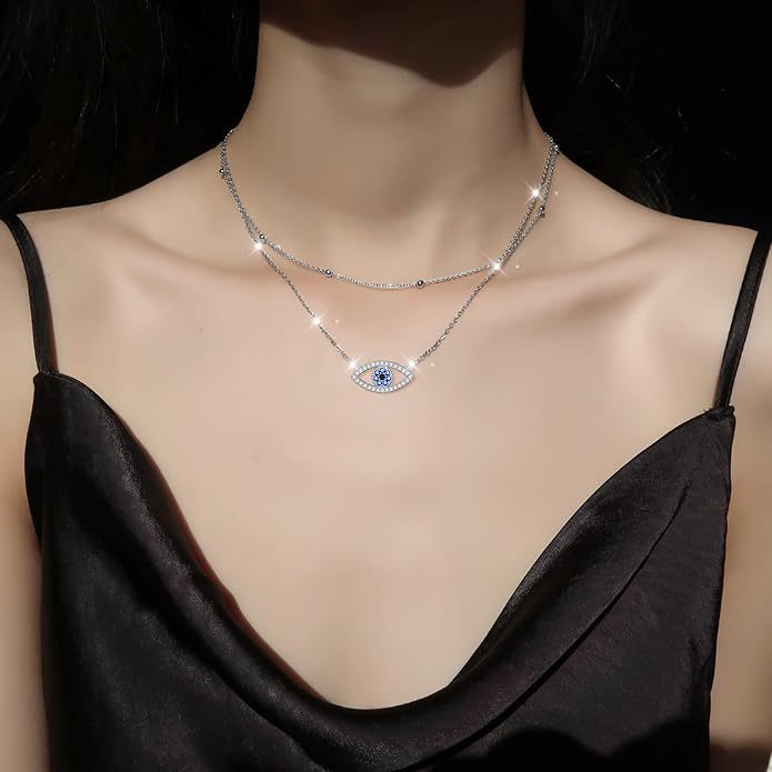 Layered Choker Necklaces for Women S925 Sterling Silver Circle/Heart/Cross/Star Multi Layered Necklace Handmade Bead Chain Adjustable Jewelry for Birthday