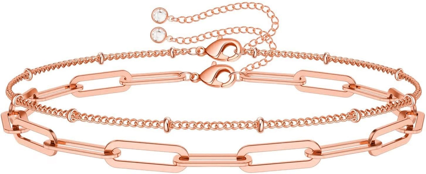 Dainty Gold Bracelets for Women, 14K Gold Plated Adjustable Layered Beads Bracelet Cute Evil Eye Oval Chain Pearl Bar Turtle Gold Bracelets for Women Jewelry