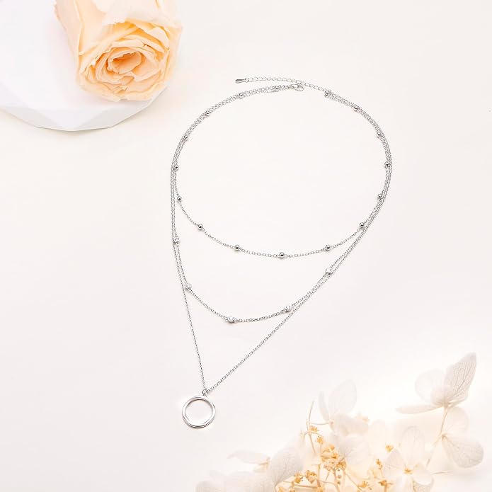 Layered Choker Necklaces for Women S925 Sterling Silver Circle/Heart/Cross/Star Multi Layered Necklace Handmade Bead Chain Adjustable Jewelry for Birthday
