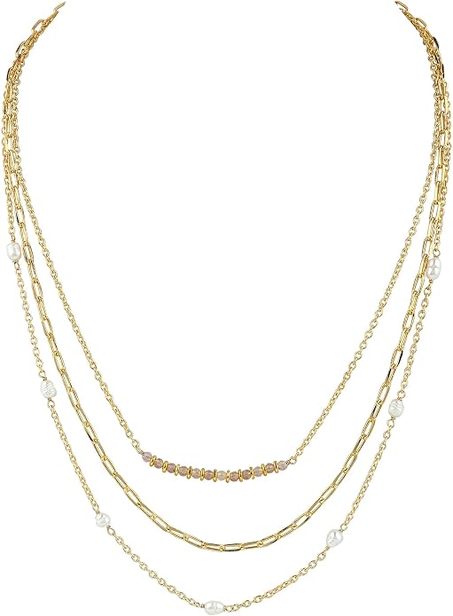 Beads With Pearl 3 Layered Necklaces for Women 14k Gold Plated Dainty Stackable Choker Necklaces for Women Trendy Layering, Cuban Link, Paperclip Chain, For Women Gifts