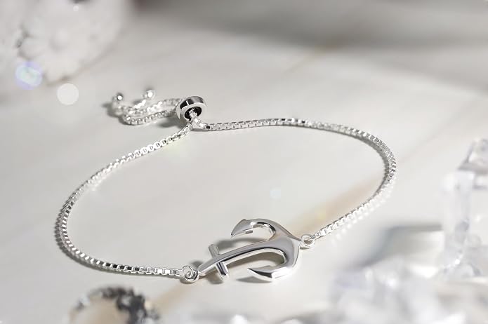 Hoops & Loops 925 Sterling Silver Sailor Anchor High Polished Hypoallergenic Anti-Tarnish Adjustable Bracelet for Women Men, Silver, Yellow Gold & Rose Gold