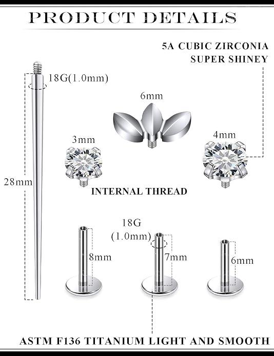 20G 18G 16G Astm F136 Titanium Internal Thread Flat Back Earrings Nose Studs Tragus Forward Helix Conch Cartilage Lobe Earring Stud Medusa Labret Monroe Lip Ring Piercing Jewelry For Women Men