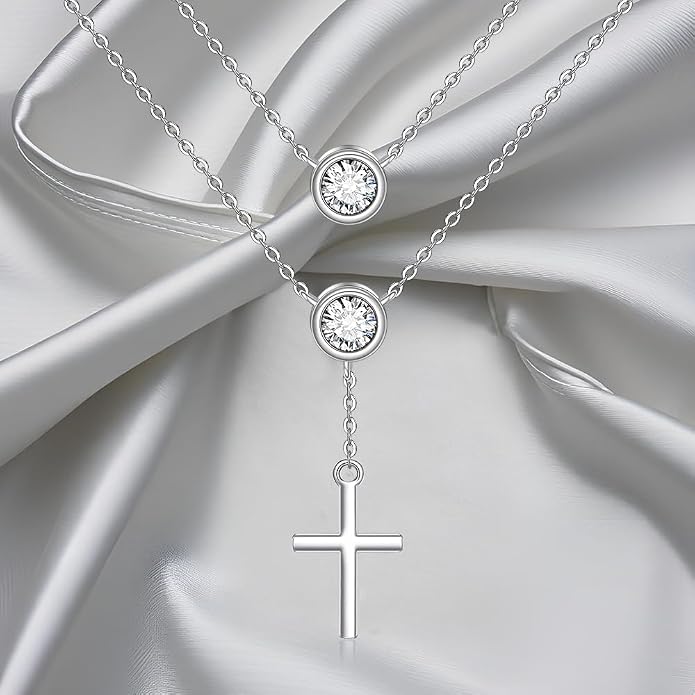 Layered Necklaces for Women S925 Sterling Silver 14k Gold Plated Cross Jesus Tulip Birth Month Flower Necklace Pendant Jewelry Mothers Day Birthday Gifts