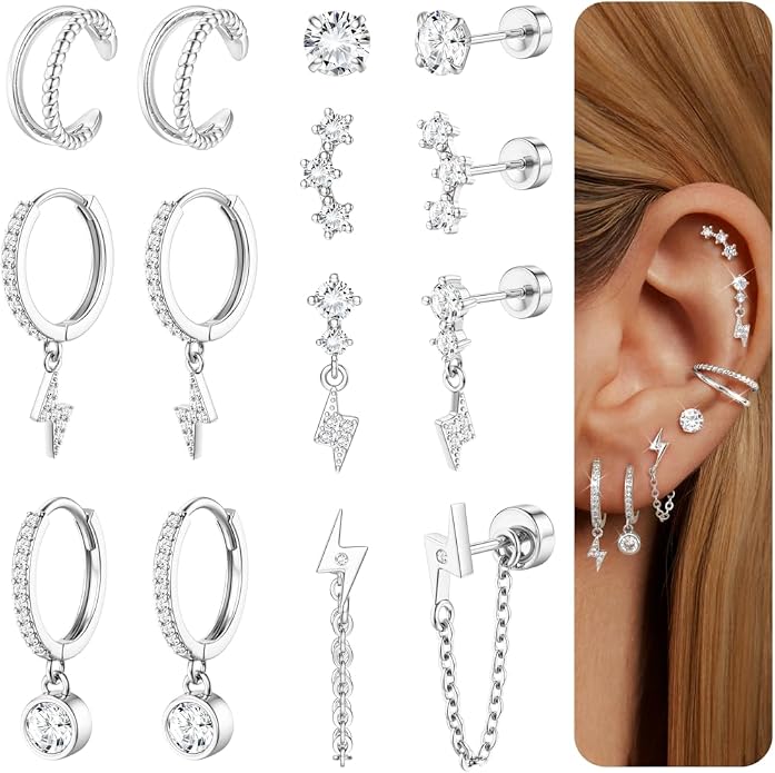 Dochais Flat Back Cartilage Earrings for Women Trendy Dainty CZ Flatback Studs Earing Sets 14k Gold Plated Hypoallergenic Huggie Hoops Earring Stacks for Multiple Piercing