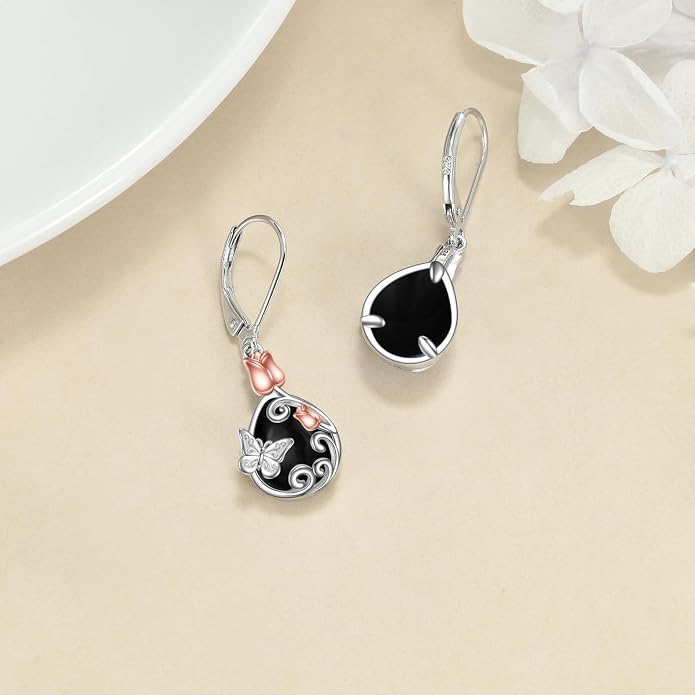 AOBOCO Teardrop Dangle Earrings for Women 925 Sterling Silver Moonstone Flower Filigree Leverback Jewelry Birthday